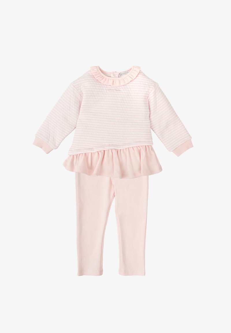 Blusa de manga larga rosa claro con patrón a rayas y dobladillo con volantes, combinada con leggins rosa liso a juego. Material de algodón suave.