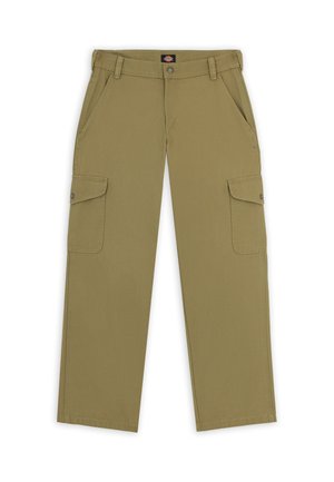 Olivové cargo kalhoty se rovný střihem, klopovými kapsami na každé nohavici a knoflíkovým zapínáním v pase. Vyrobené z odolné tkaniny.