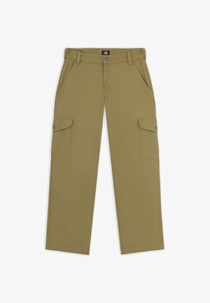 Olivové cargo kalhoty se rovný střihem, klopovými kapsami na každé nohavici a knoflíkovým zapínáním v pase. Vyrobené z odolné tkaniny.