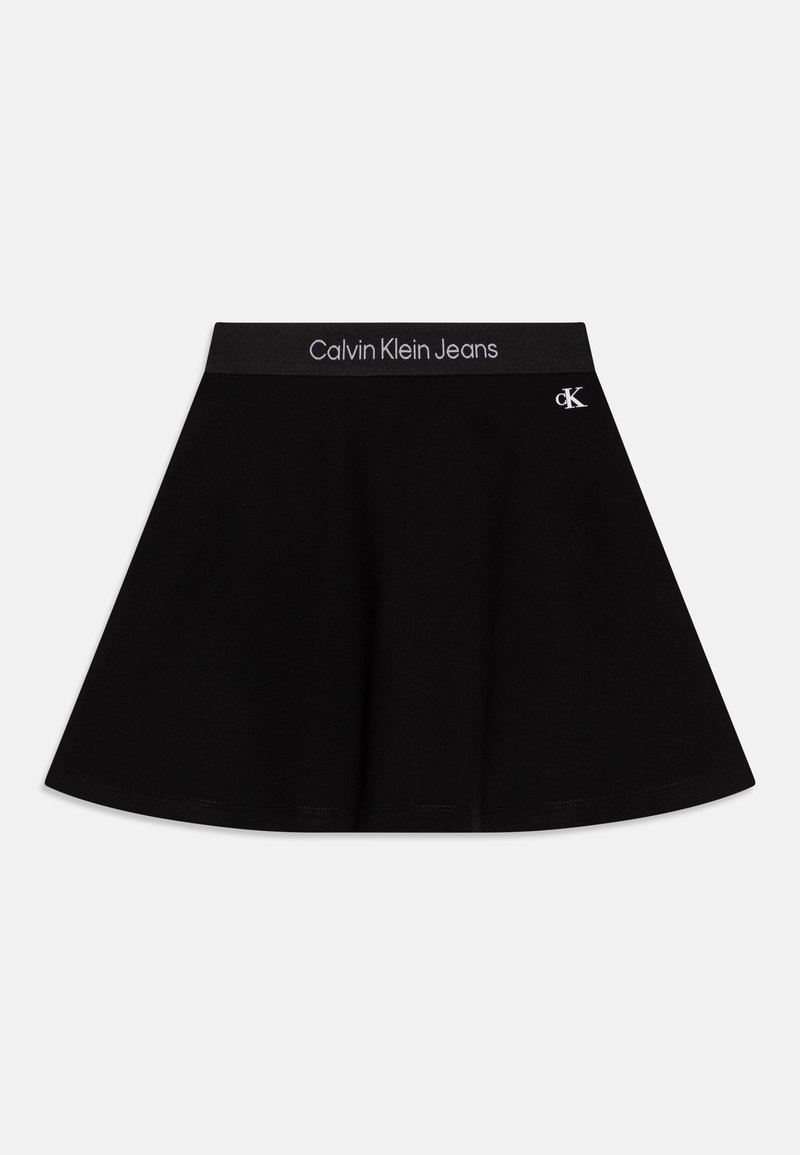 Zwarte uitlopende rok van katoen, met een brede elastische tailleband met het "Calvin Klein Jeans" logo en een klein CK-embleem.