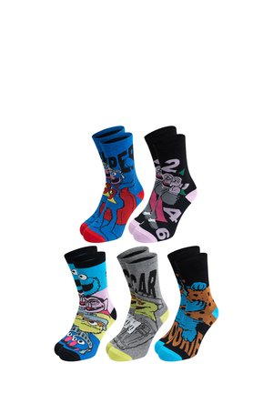 Fünf Paar bunter Socken mit Comicfiguren. Die Materialien sind aus Baumwollmischung. Die Designs umfassen Blau, Schwarz und Grau mit verschiedenen Drucken.
