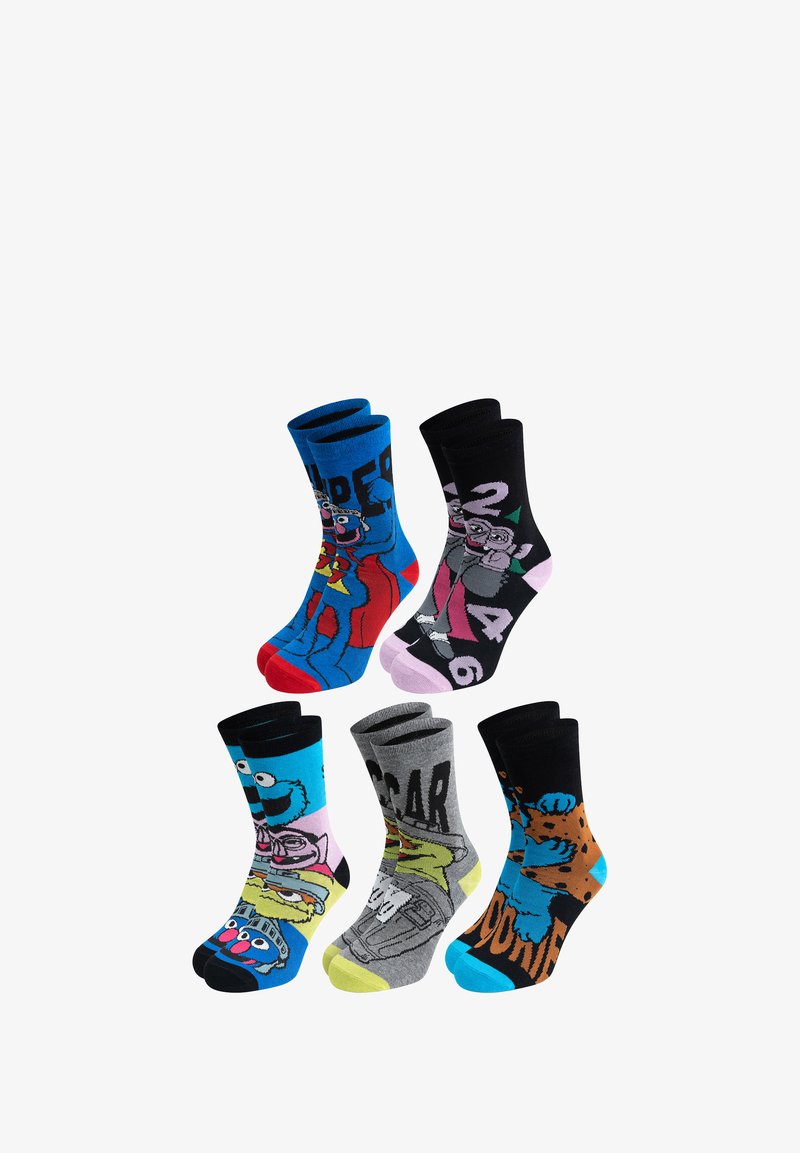 Fünf Paar bunter Socken mit Comicfiguren. Die Materialien sind aus Baumwollmischung. Die Designs umfassen Blau, Schwarz und Grau mit verschiedenen Drucken.