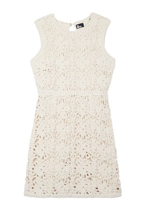 Ärmelloses weißes Häkelkleid mit floralem Spitzenmuster, tailliertem Schnitt und Schlitz mit Knopfverschluss am hinteren Ausschnitt.