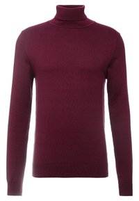 Maglione a collo alto bordeaux realizzato in morbido tessuto a maglia, con maniche lunghe, polsini a coste e una silhouette aderente.