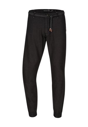 Black tapered pants with a woven drawstring, elastic cuffs, and subtle texture. Made from a cotton blend for comfort and flexibility.