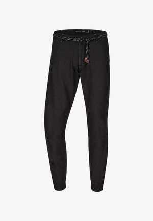 Black tapered pants with a woven drawstring, elastic cuffs, and subtle texture. Made from a cotton blend for comfort and flexibility.
