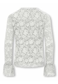 Biała koronkowa bluzka z długim rękawem w kwiatowy wzór, z rozszerzanymi mankietami i okrągłym dekoltem, wykonana z lekkiego, przejrzystego materiału.