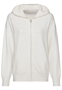 Kapuzensweatshirt mit Reißverschluss in hellem Beige, aus weichem Strickmaterial gefertigt. Es verfügt über einen Reißverschluss vorne, seitliche Taschen und gerippte Bündchen sowie Säume.