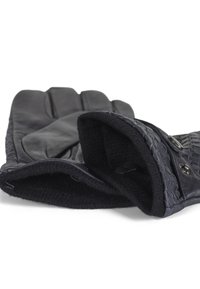 Czarne skórzane rękawice z teksturowanym wzorem, z polarowym podszyciem i guzikowymi akcentami na wzorzystym mankiecie. Miękka i dopasowana struktura.