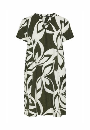 Abito a maniche corte, lungo fino al ginocchio, con un grande motivo floreale astratto verde scuro e bianco e scollatura rotonda con intaglio a V.