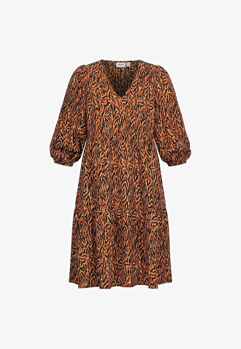 Hnědo-oranžové šaty se vzorem, V-výstřihem, krátkými puff rukávy a vrstvenou sukní. Vyrobené z lehkého materiálu, s texturovaným designem.