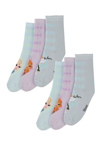 Set aus vier Socken in Pastellfarben: Hellblau, Lavendel und Hellgrau. Mit Charakterdesigns und Rautenmuster. Material aus Baumwollmischung.