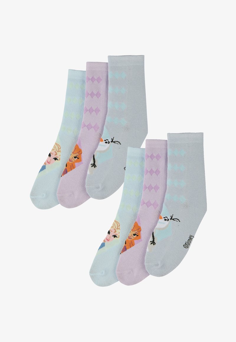 Juego de cuatro calcetines en colores pastel: azul claro, lavanda y gris claro. Presenta diseños de personajes y patrones de diamantes. Material de mezcla de algodón.