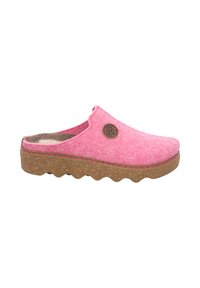 Pink felt slip-on clogs with a brown textured sole, featuring a round logo patch and a wavy pattern along the edge.
