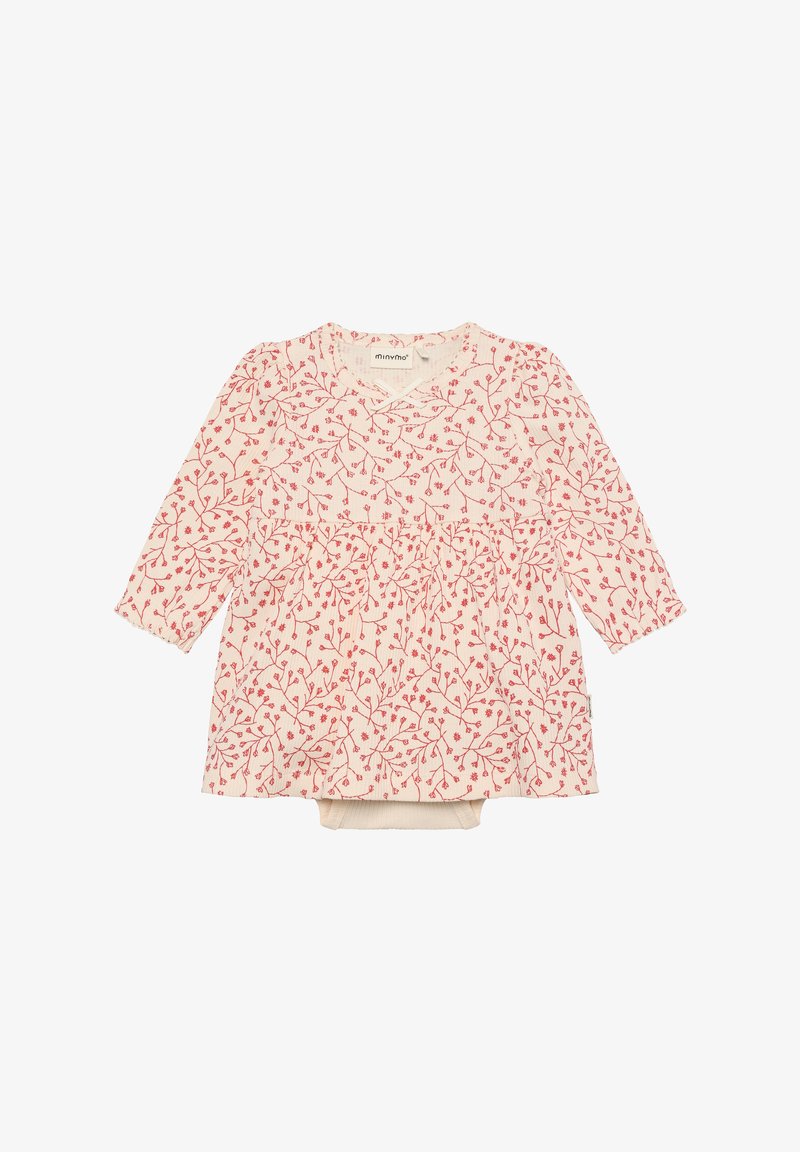 Robe imprimée florale crème avec motifs botaniques rouges, manches longues, col en V et silhouette évasée. Tissu doux avec texture côtelée.