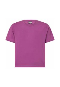 T-shirt in cotone viola con scollo rotondo e maniche corte. Presenta il logo "Kappa" in rilievo sulla parte anteriore. Texture liscia, design casual.