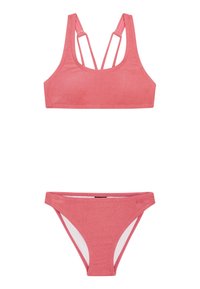 Roze bikini-set met een cropped top met gekruiste bandjes en bijpassende low-rise onderkant. Glad materiaal en minimalistisch design.