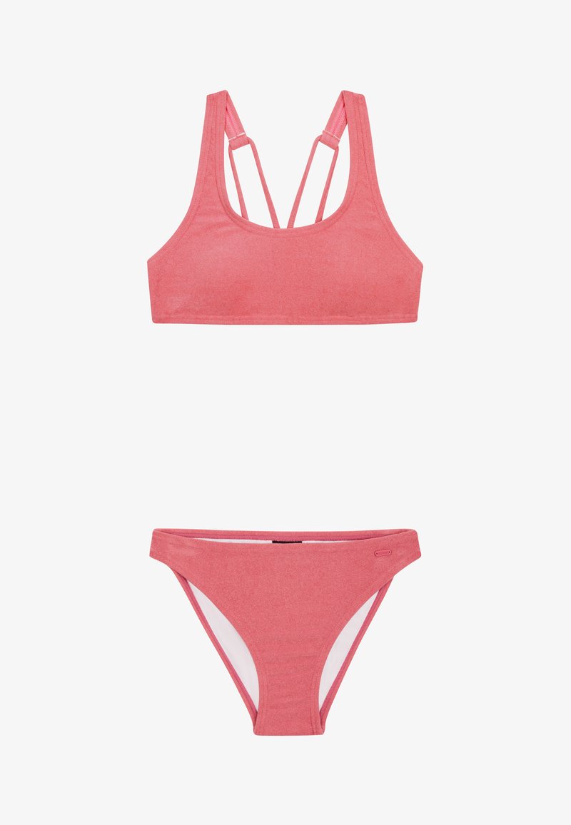 Roze bikini-set met een cropped top met gekruiste bandjes en bijpassende low-rise onderkant. Glad materiaal en minimalistisch design.