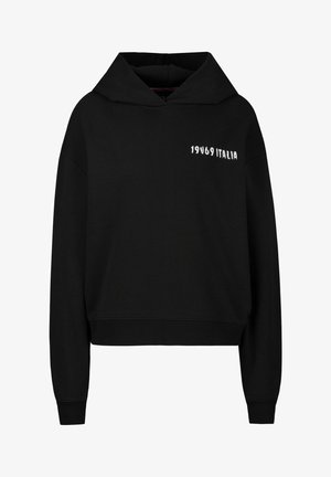 Black hoodie made of cotton blend, featuring a relaxed fit, large hood, and white text "1969 ITALIA" on the front. Smooth texture, ribbed cuffs.