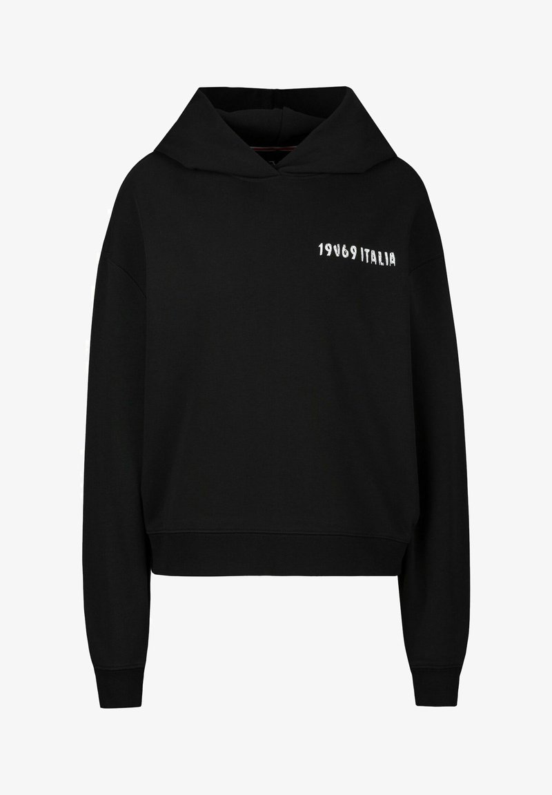 Schwarzer Hoodie aus Baumwollmischung, mit lockerer Passform, großer Kapuze und weißem Text "1969 ITALIA" auf der Vorderseite. Glatte Textur, gerippte Bündchen.