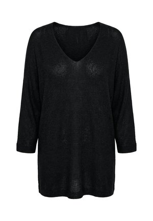 Czarny sweter dziany z dekoltem w serek i rękawami o długości do łokcia, charakteryzujący się luźnym, swobodnym krojem.