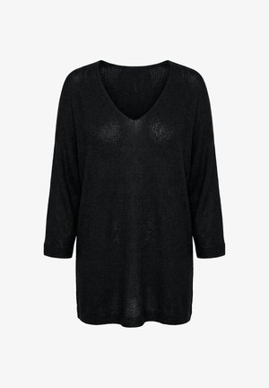 Pull en tricot noir avec col en V et manches trois-quarts, présentant une coupe ample et décontractée.