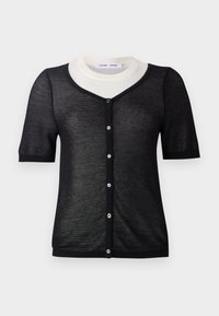Svart kortärmad cardigan med V-halsringning, som har en lättstickad textur, kontrasterande vit krage och framknäppning med knappar.