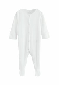 Weißer Baby-Body aus Baumwolle mit langen Ärmeln, geripptem Muster, Knopfleiste vorne und integrierten Fußteilen. Mit dezentem vertikalem Muster.