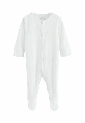 Bílý kojenecký bavlněný overal s dlouhými rukávy, žebrovanou texturou, zapínáním vpředu na knoflíky a krytými chodidly. Má jemný vertikální vzor.