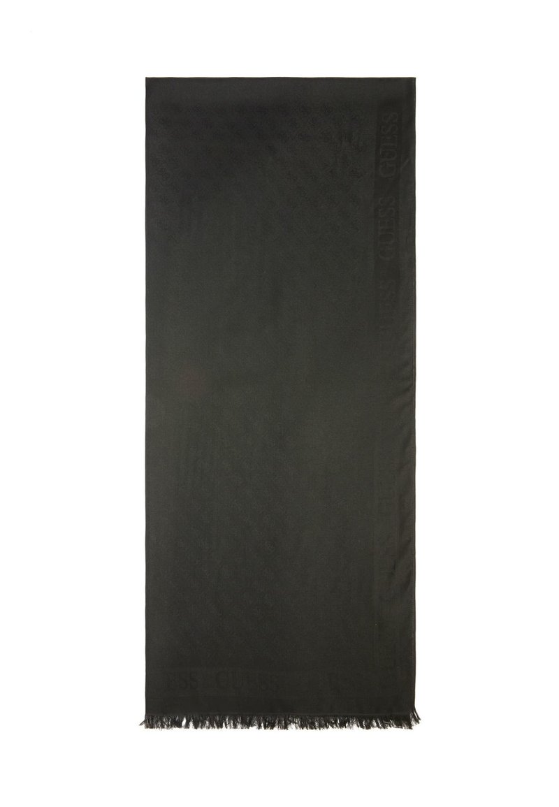 Sciarpa nera con un sottile motivo in rilievo. Presenta bordi frangiati e il nome del marchio "GUESS" su un lato. Texture morbida, forma rettangolare.
