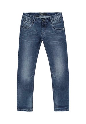 Blauwe denim jeans met een rechte snit, subtiele vervagingdetails, twee voorkettingen, een achterzak en een sluiting met één knop.