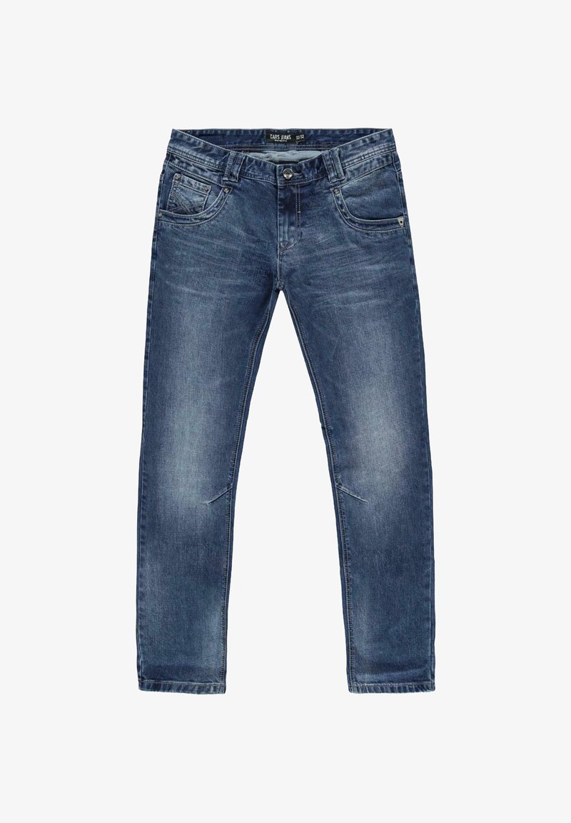 Blauwe denim jeans met een rechte snit, subtiele vervagingdetails, twee voorkettingen, een achterzak en een sluiting met één knop.