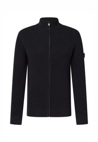 Czarny, dziany kardigan z długim rękawem, zapinany na zamek, z wysokim kołnierzem i teksturowanym wzorem, przedstawiony na białym tle.