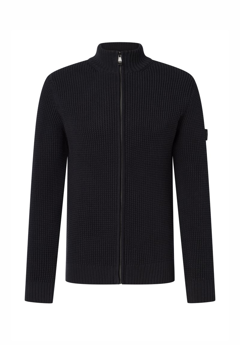 Czarny, dziany kardigan z długim rękawem, zapinany na zamek, z wysokim kołnierzem i teksturowanym wzorem, przedstawiony na białym tle.