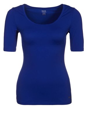 Blauw nauwsluitend dames sporttopje met korte mouwen en ronde hals, Reebok-logo vlak bij de zoom en binnen in de kraag.
