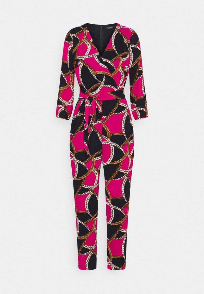 Combinaison longue à manches longues pour femmes avec un imprimé de chaînes abstrait rose et noir et une ceinture en tissu assortie à la taille.