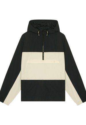 Schwarze und beige Kapuzenjacke mit vorderem Halb-Reißverschluss und großer horizontaler Tasche auf der Brust, langen Ärmeln und elastischen Bündchen.