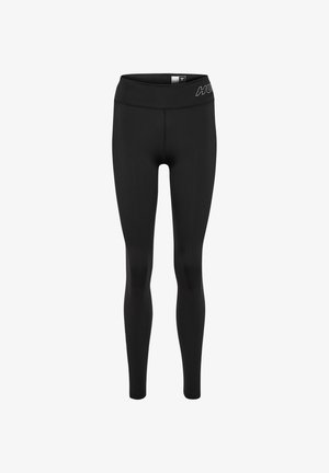 Schwarze Trainingsleggins aus dehnbarem Stoff. Hohe Taille, glatte Textur und minimales Branding auf der Vorderseite. Figurbetontes Design.