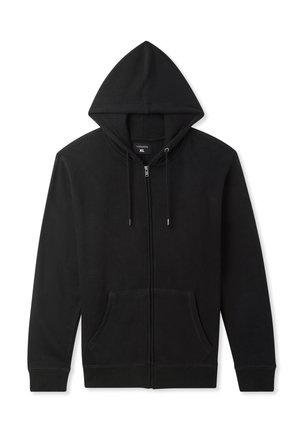 Felpa nera con zip, dotata di cappuccio, tasche a marsupio anteriori, polsini e orlo a costine, realizzata in un tessuto morbido con una texture liscia.