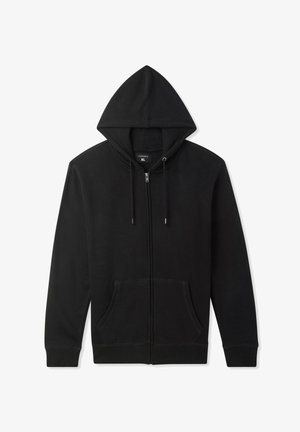 Czarny hoodie na zamek z kapturem, przednimi kieszeniami typu kangur, ściągaczami przy mankietach i u dołu, wykonany z miękkiego materiału o gładkiej fakturze.