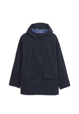 Navy blue hooded rain jacket with front flap pockets and concealed zipper closure, designed for weather protection.