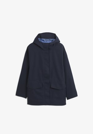 Navy blue hooded rain jacket with front flap pockets and concealed zipper closure, designed for weather protection.