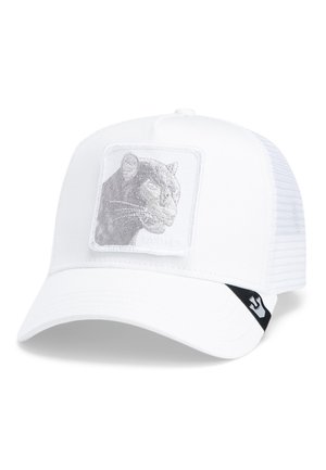 Gorra blanca con un panel frontal estructurado, con un gráfico de pantera bordado en gris. Parte trasera de malla, acento negro en el lado.