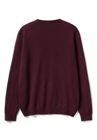Maglione pullover bordeaux con collo rotondo, maniche lunghe e polsini a costine; texture morbida con un design semplice; vista posteriore priva di decorazioni.