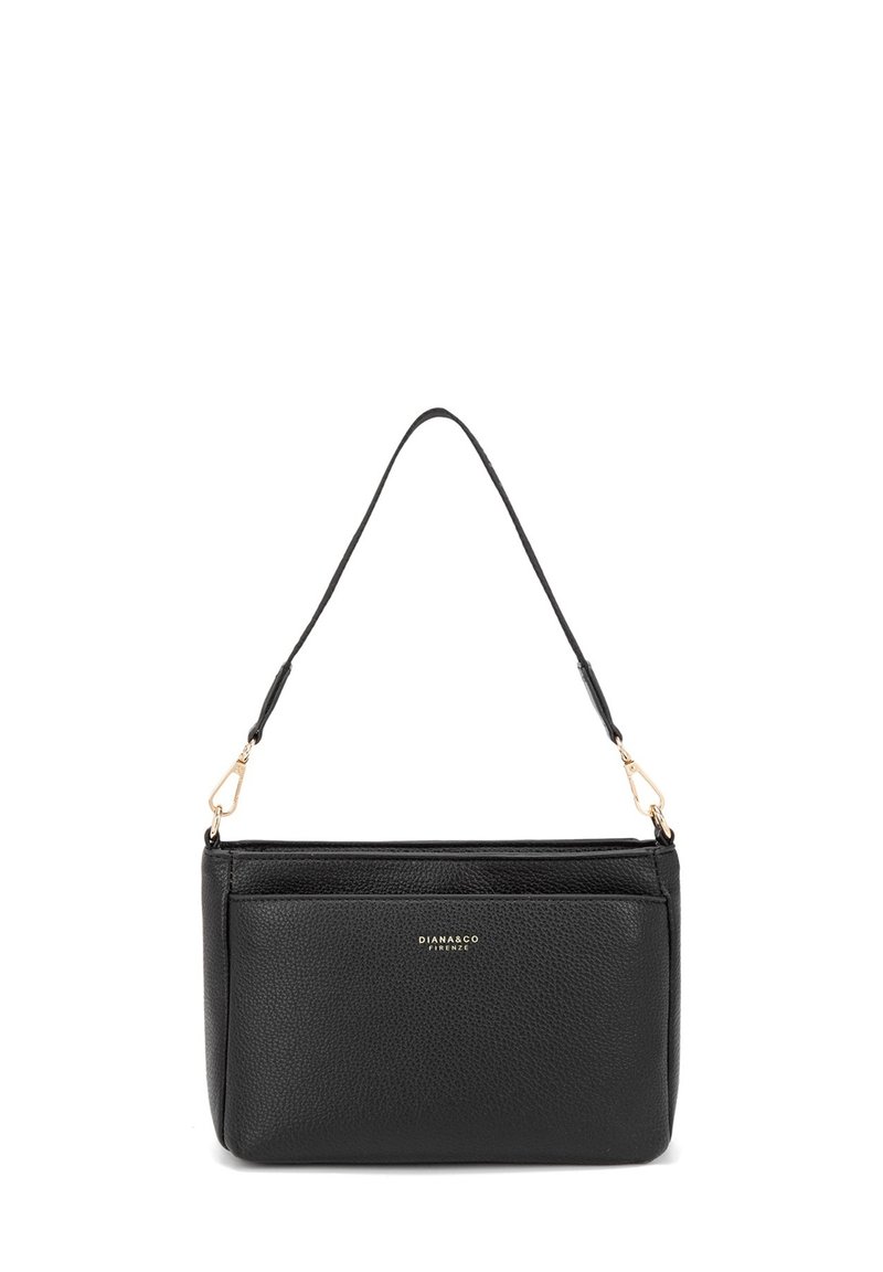 Borsa a spalla in pelle nera texture con hardware dorato, tracolla staccabile e logo "DIANA&CO FIRENZE" sul davanti.