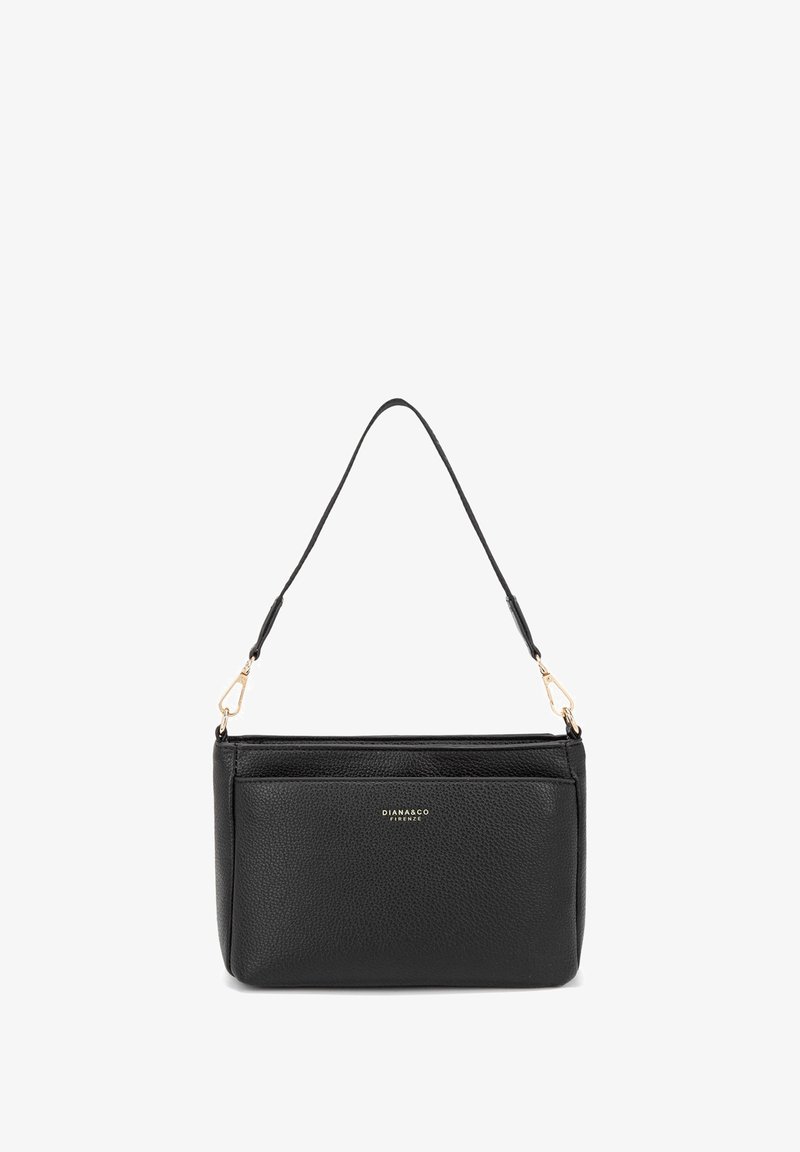 Borsa a spalla in pelle nera texture con hardware dorato, tracolla staccabile e logo "DIANA&CO FIRENZE" sul davanti.
