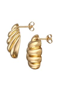 Guldtonede stud øreringe med et spiraldesign bestående af lagdelte, buede former og en glat, reflekterende overflade. Bager er inkluderet.