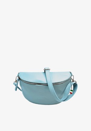 Light blue leather crossbody bag with a curved shape, zip closure, and adjustable strap. Includes a small Italian flag charm.