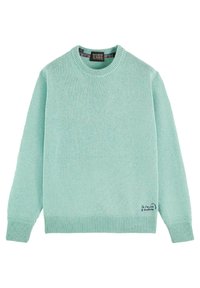 Maglione a maglia verde menta con scollatura a girocollo e orlo a costine. Presenta un discreto logo navy nell'angolo inferiore sinistro.