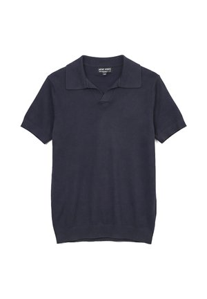 Polo a maniche corte blu navy con polsini e orlo a coste, collo aperto e piccola patta frontale.